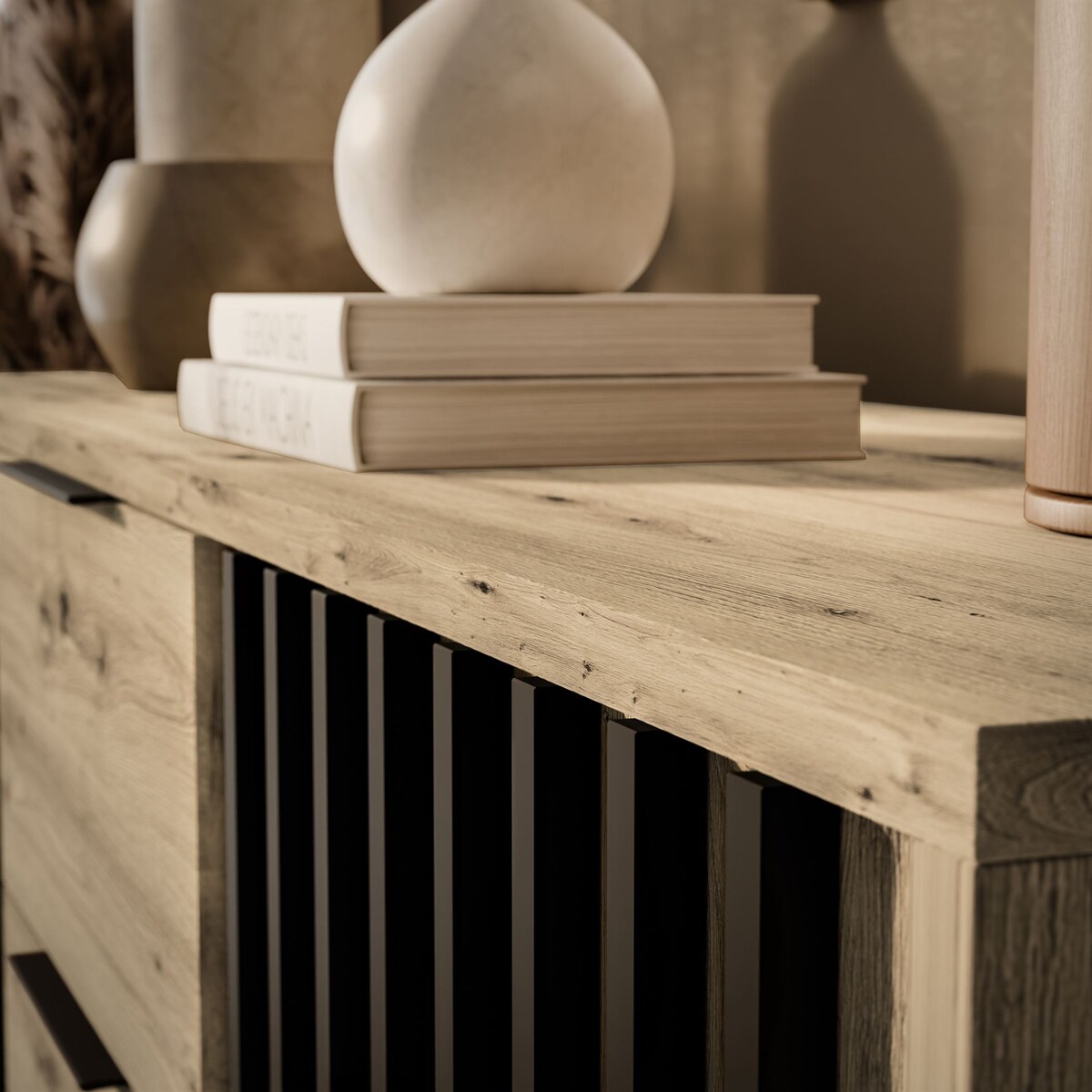 Dwudrzwiowa komoda NELA z lamelami, dąb artisan + czarny