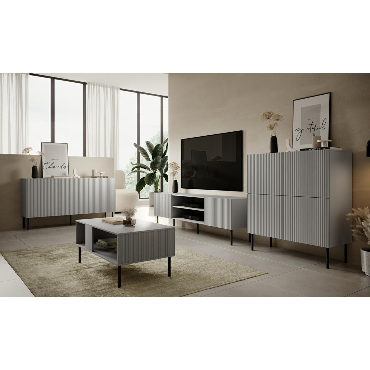 SZAFKA RTV Harbin 180/42/57 cm RYFLOWANE FRONTY szara