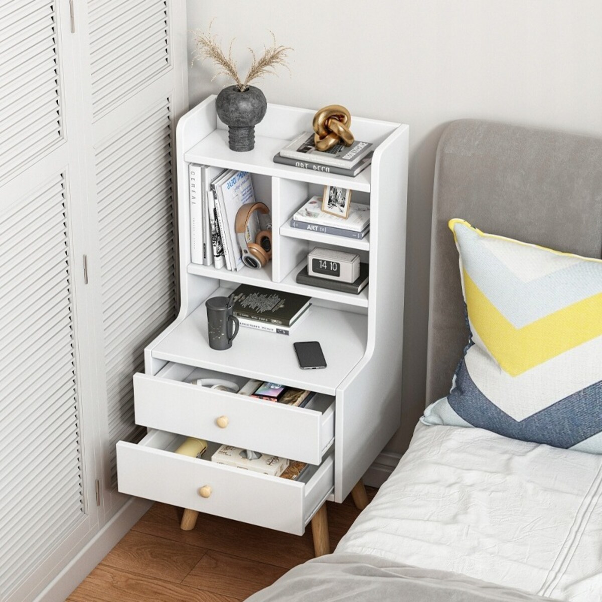 Szafka nocna stolik z 2 szufladami regał skandynawski sypialni salonu loft