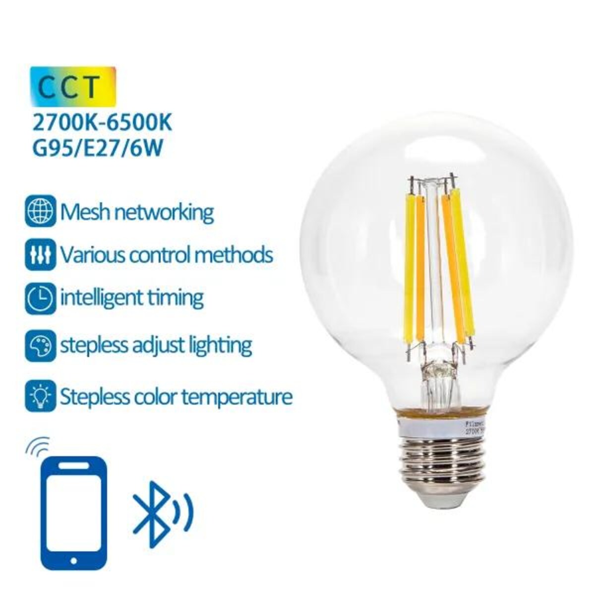 inteligentna żarówka bluetooth mesh g95 6w cct