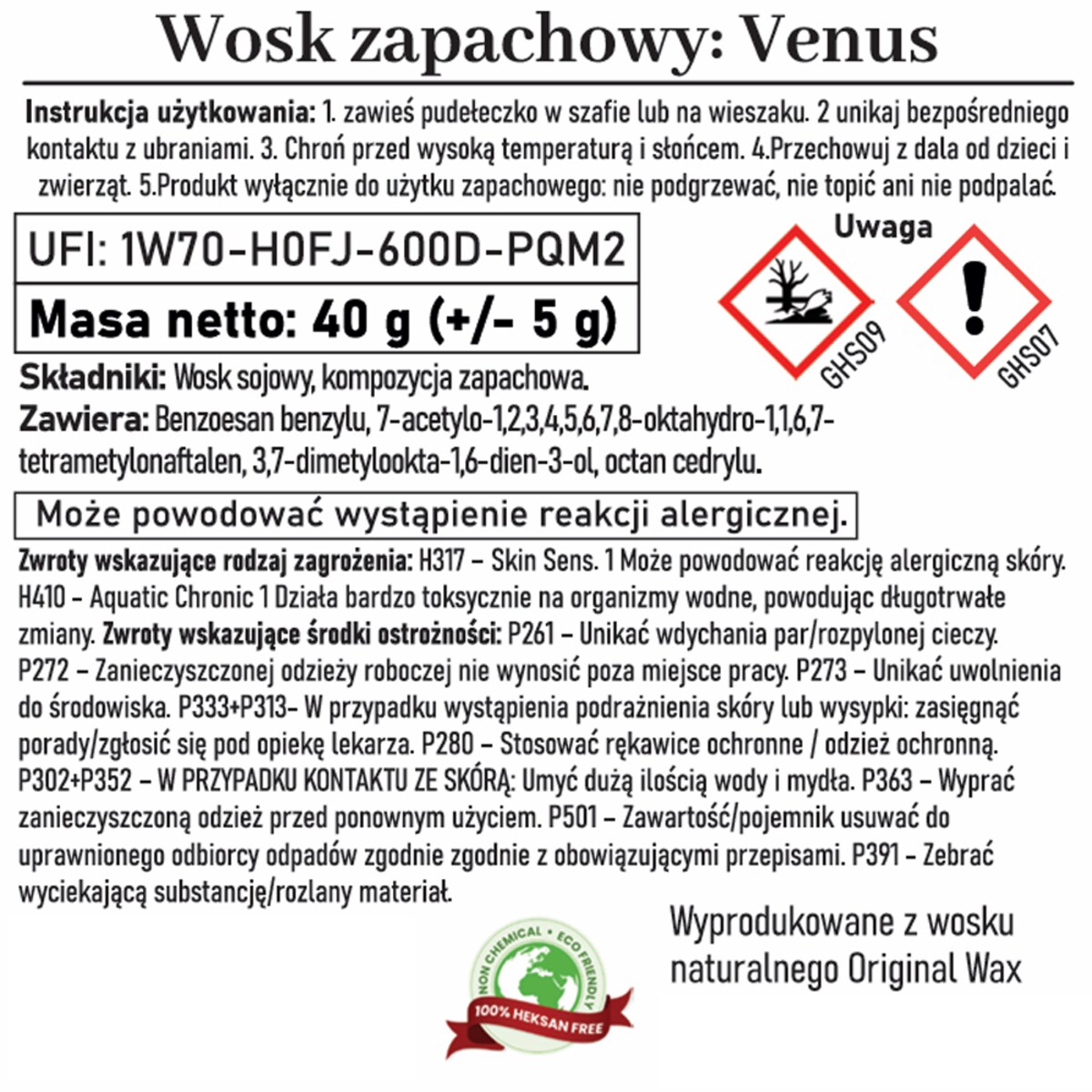 Zapachowa zawieszka do szafy wosk sojowy Venus
