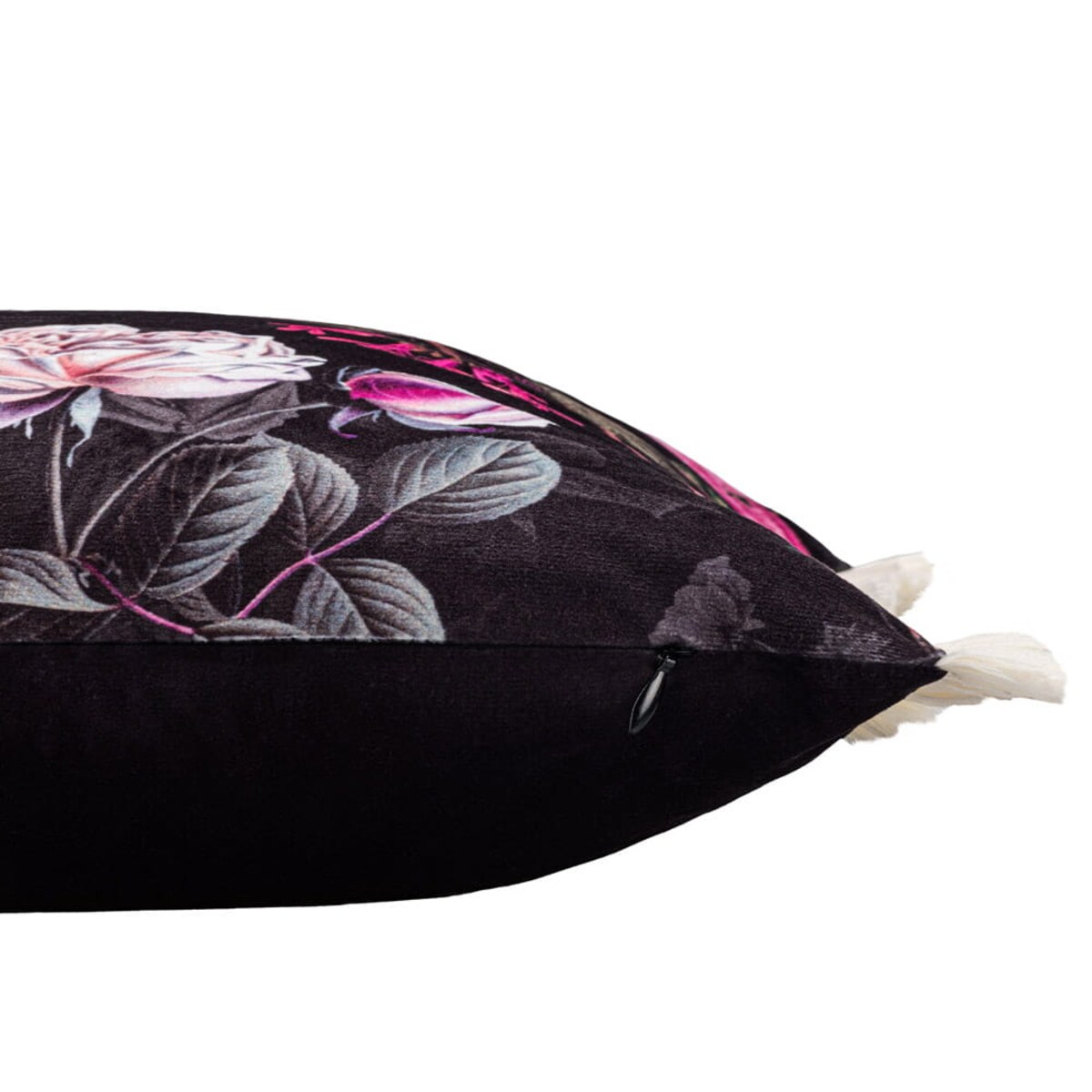 Poszewka dekoracyjna 43x43 ciemna w fioletowe kwiaty z frędzlami