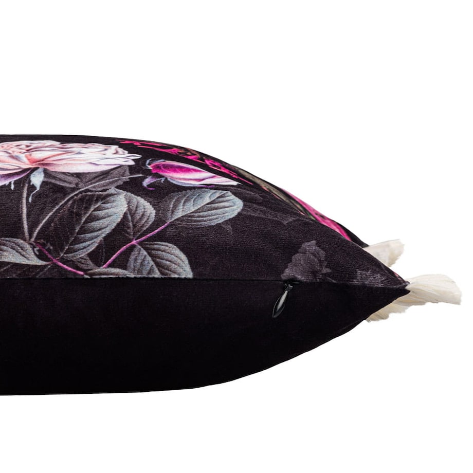 Poszewka dekoracyjna 43x43 ciemna w fioletowe kwiaty z frędzlami