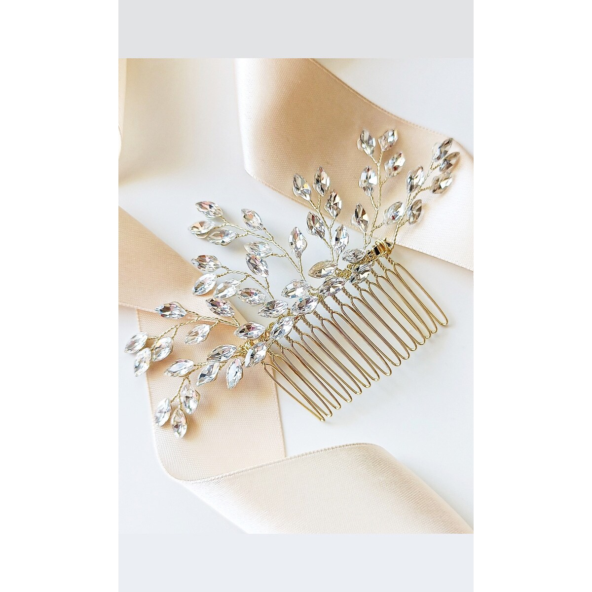 Grzebień złoty do fryzury ślubnej z cyrkoniami