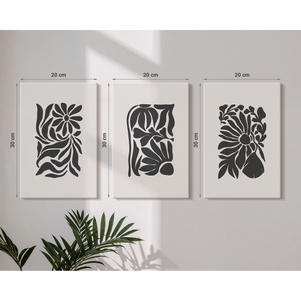 Zestaw 3 małych obrazów na płótnie - Abstrakcyjne roślinne wzory boho - czarno-biały