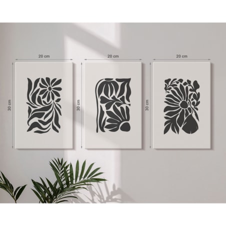 Zestaw 3 małych obrazów na płótnie - Abstrakcyjne roślinne wzory boho - czarno-biały