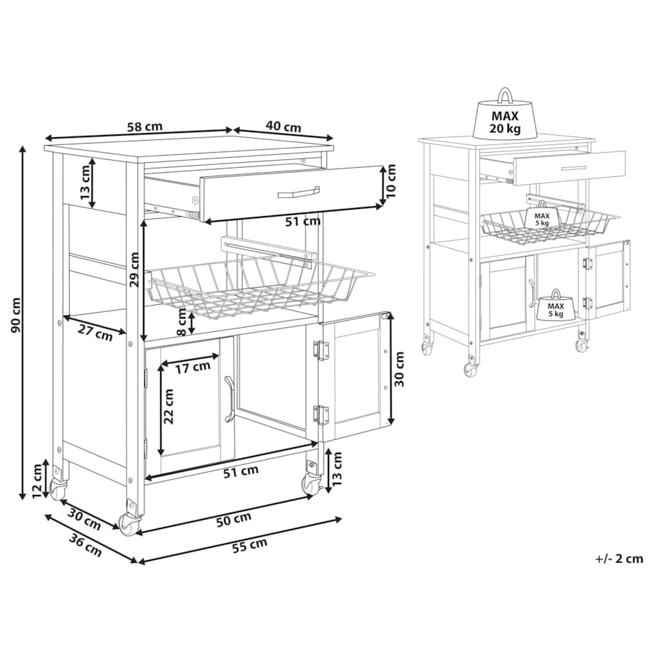 Wózek kuchenny 1 szuflada jasne drewno z czarnym LUGO