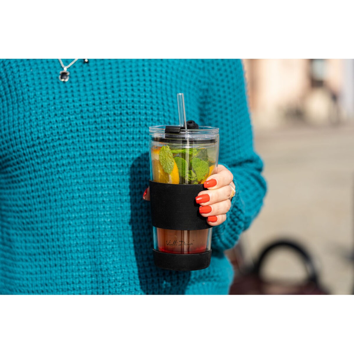 Kubek termiczny szklany ze słomką 600 ml czarny Fuori 30374