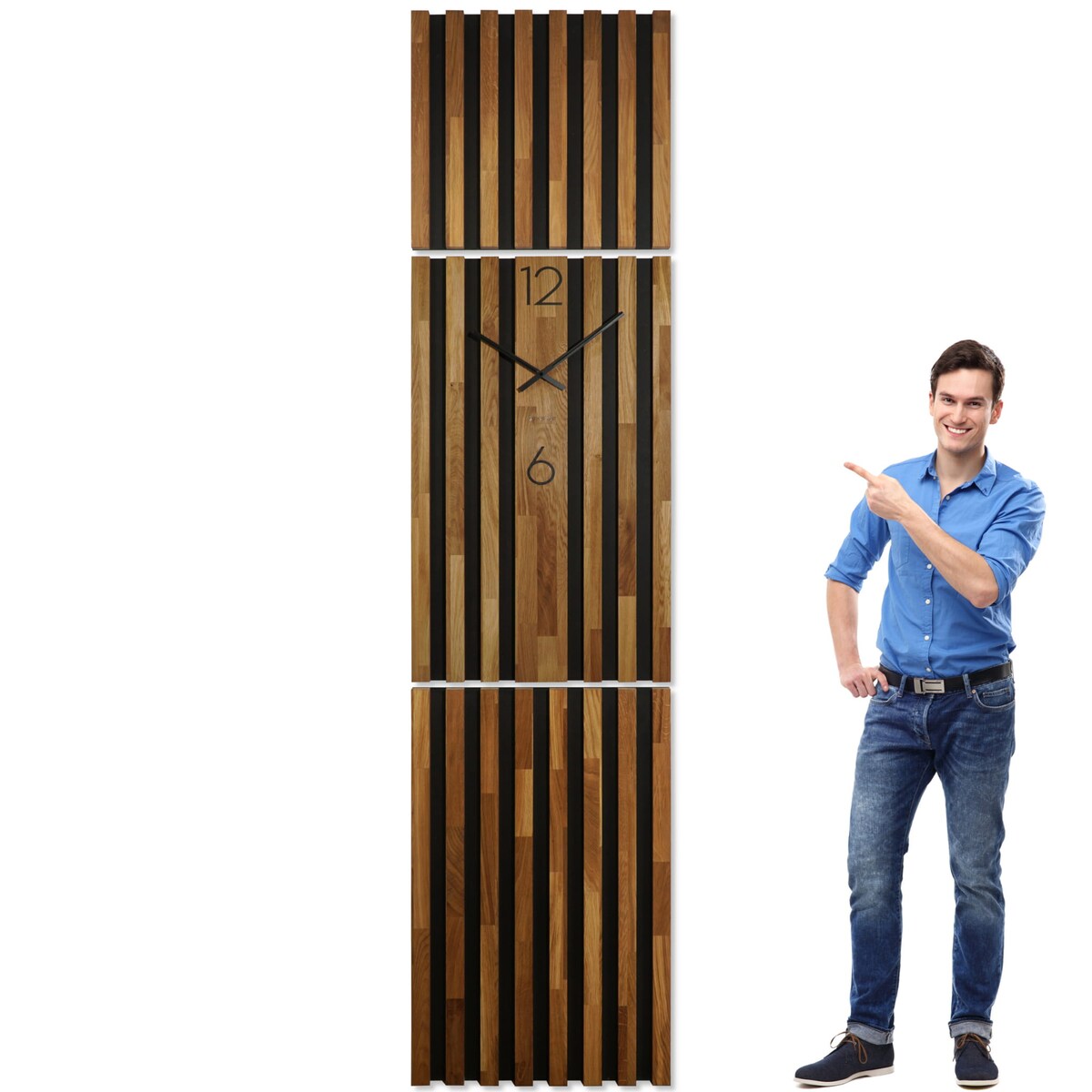 Dębowy panel ścienny Zegar w Lamelach 250x58cm