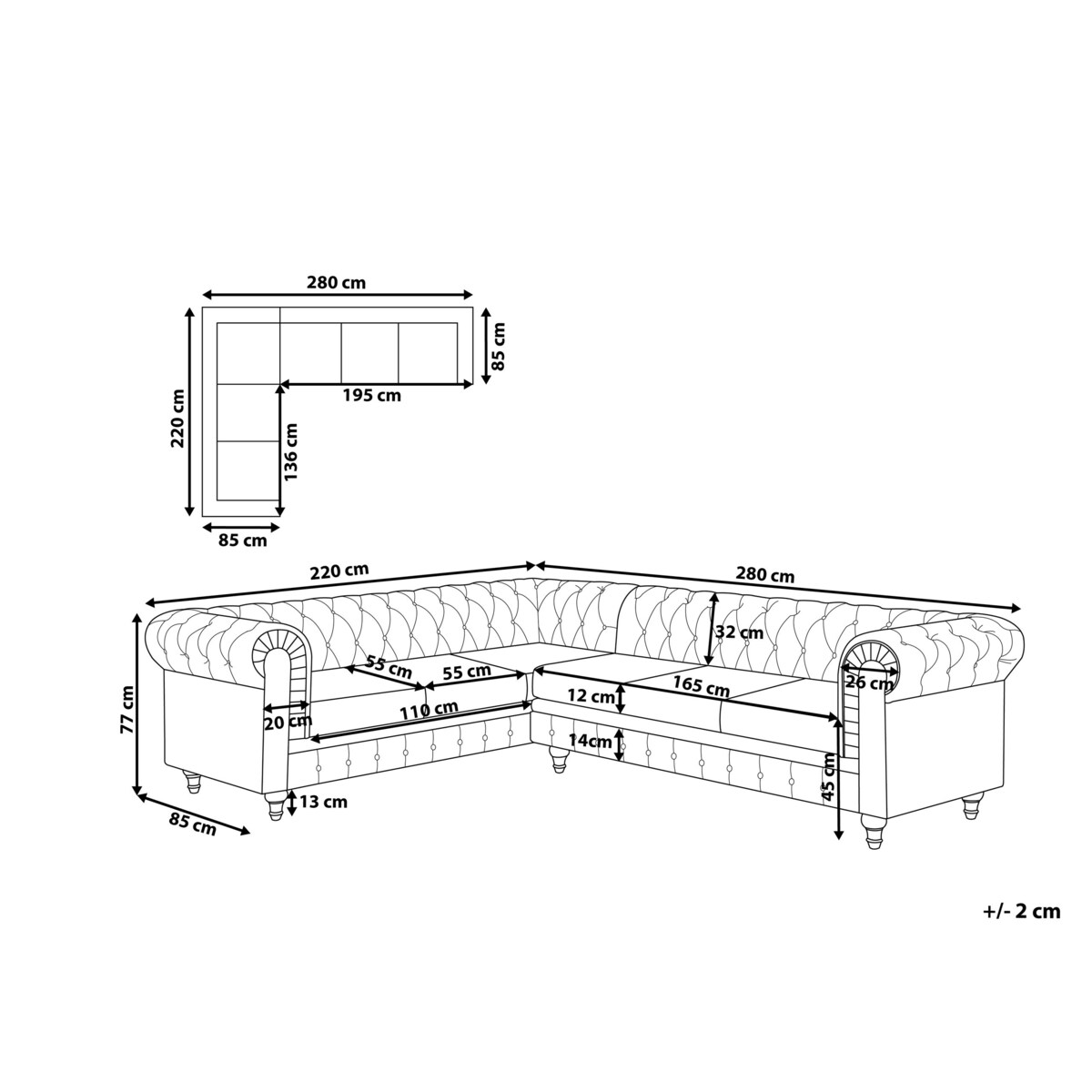 Narożnik prawostronny szary CHESTERFIELD