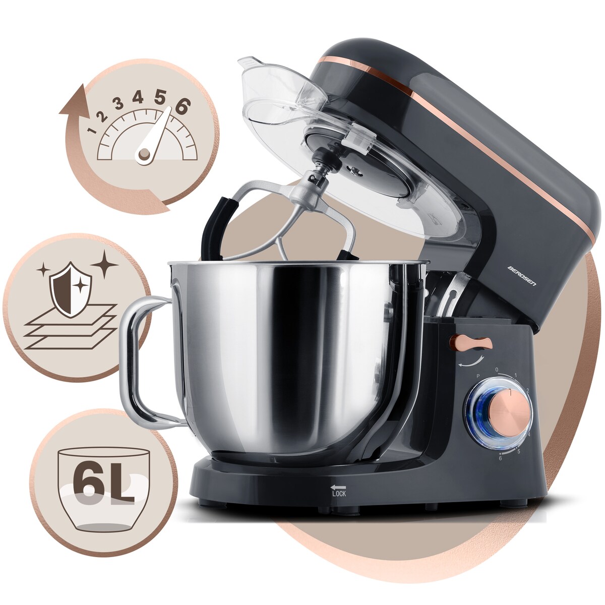 Robot kuchenny planetarny mikser Berdsen 1400W 6l czarno-złoty 375601
