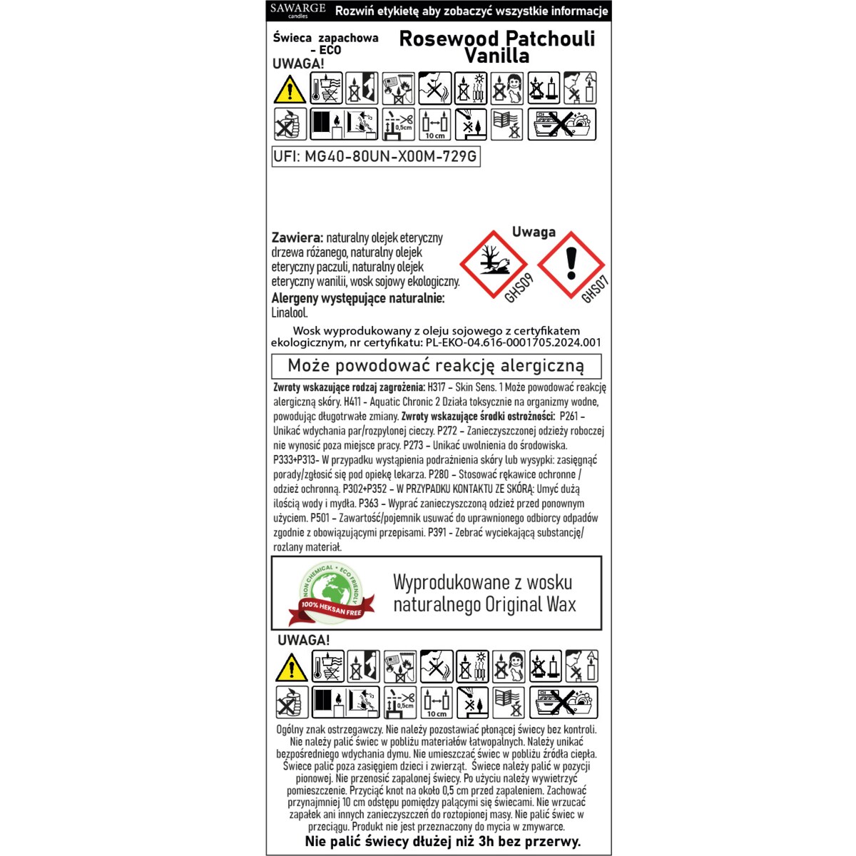 Ekologiczna Świeca Zapachowa Sojowa /50h/Rosewood Vanilla Patchouli 450g