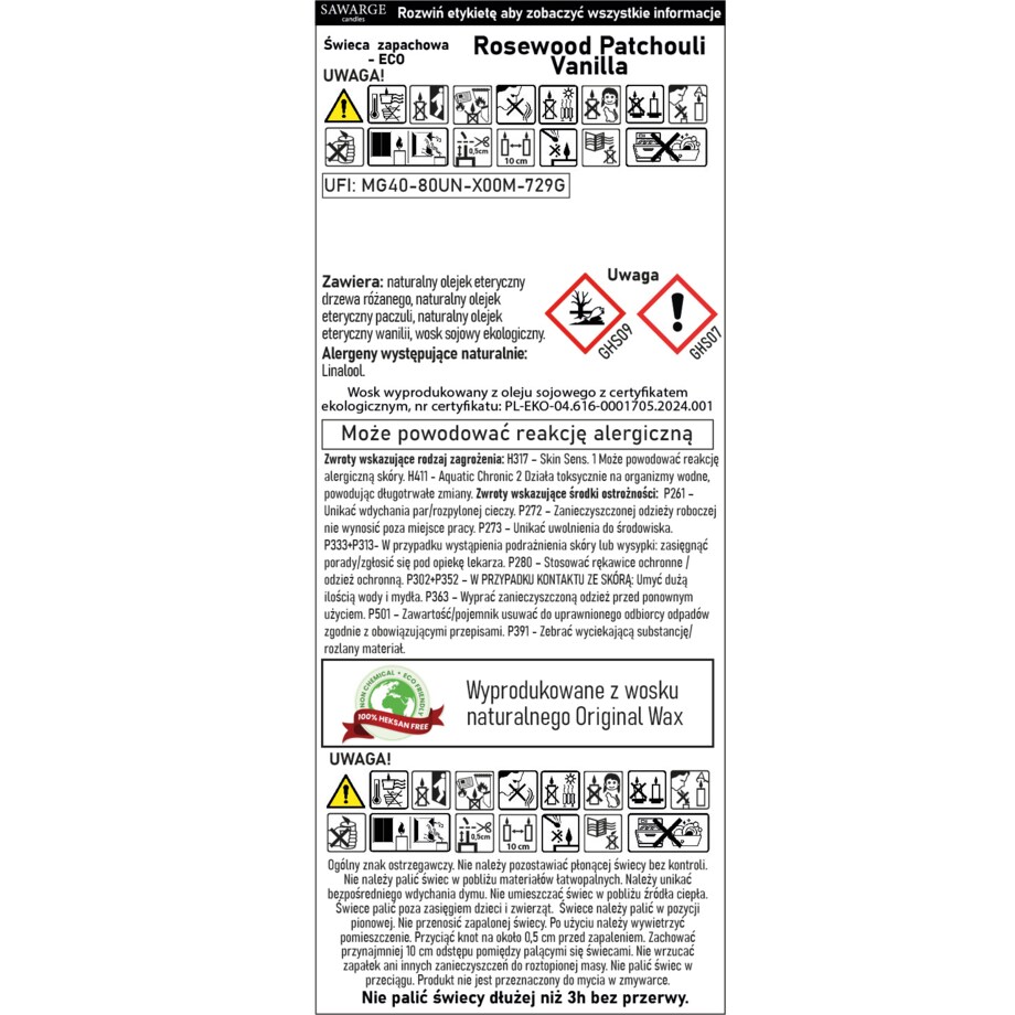Ekologiczna Świeca Zapachowa Sojowa /50h/Rosewood Vanilla Patchouli 450g