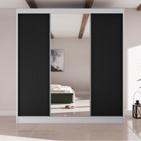 Szafa przesuwna V200 z lustrem i szufladami do sypialni-biała+czarne ryfle