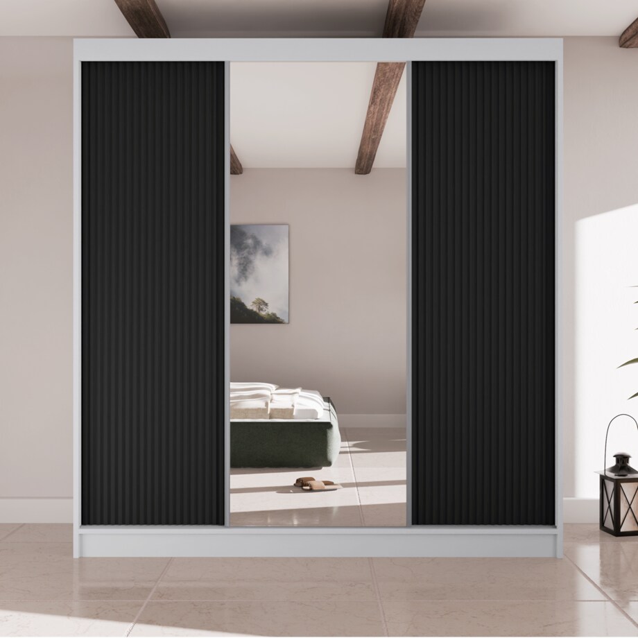 Szafa przesuwna V200 z lustrem i szufladami do sypialni-biała+czarne ryfle