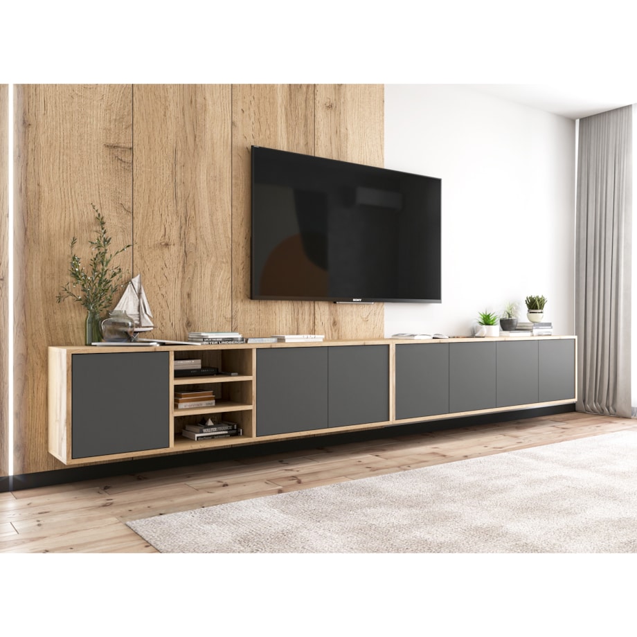 Szafka RTV Wisząca Komoda Industrialna Dąb Wotan Grafit MAT 150 cm