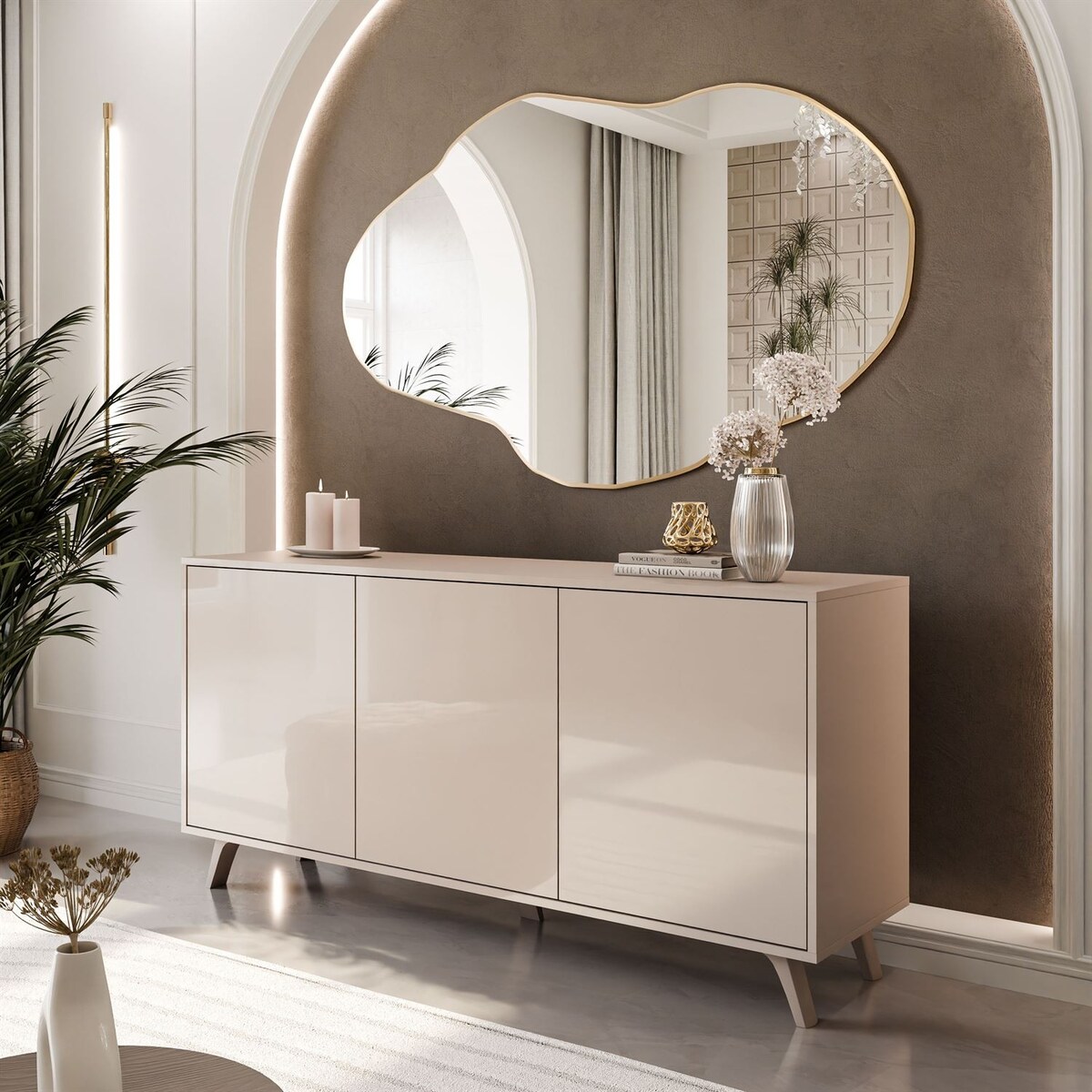 Trzydrzwiowa komoda SANAYI na plastikowych nóżkach, kaszmir połysk