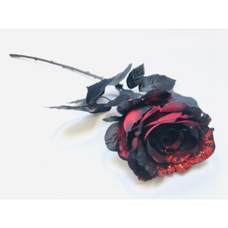 ŁODYGA RÓŻA Z BROKATEM czerwono czarna liść do flakonu wazonu święta 65cm