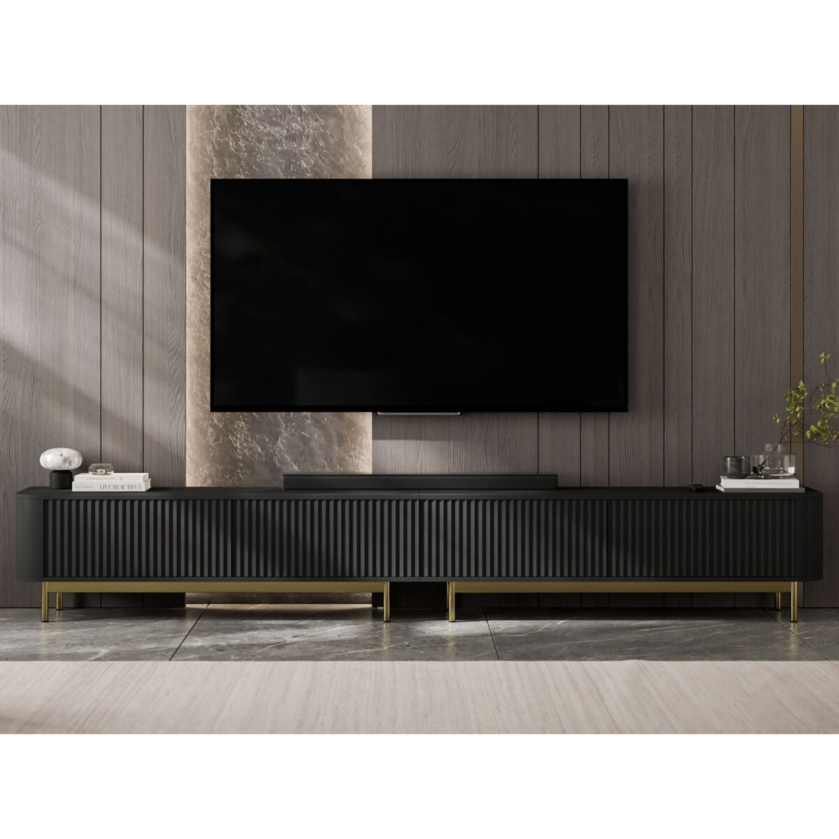 Szafka RTV Komoda RTV 280 cm Glamour Czarny Mat Złoty Stelaż