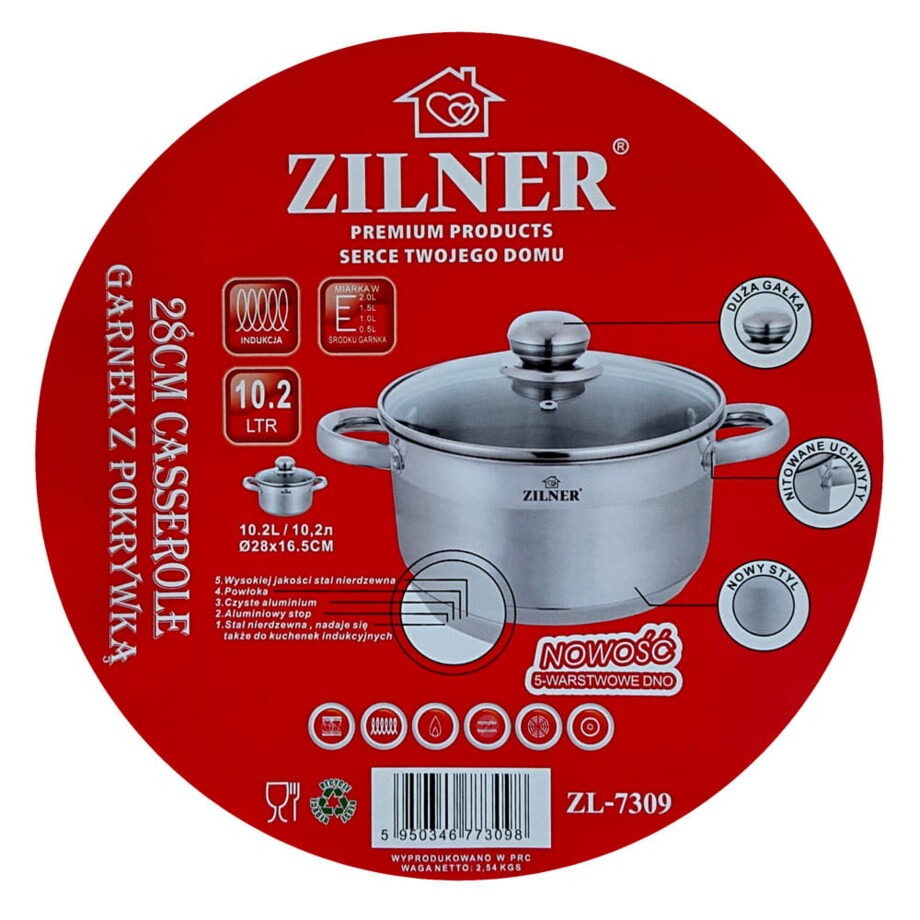 GARNEK Z GRUBYM DNEM 5 WARSTW STAL NIERDZEWNA INDUKCJA DUŻY 10L 28CM ZILNER