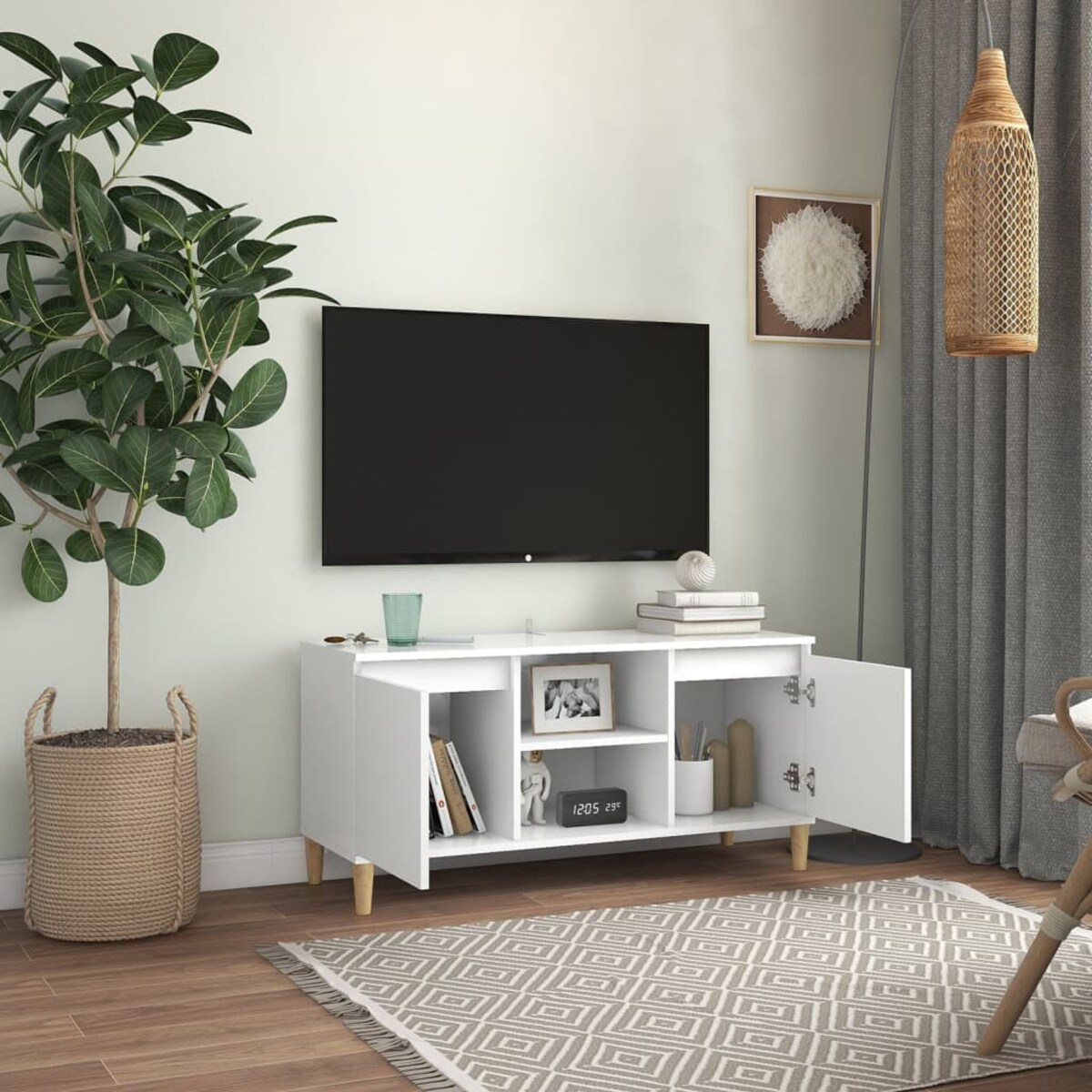 vidaXL Szafka TV z drewnianymi nóżkami, biała, 103,5x35x50 cm