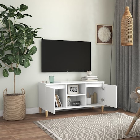 vidaXL Szafka TV z drewnianymi nóżkami, biała, 103,5x35x50 cm