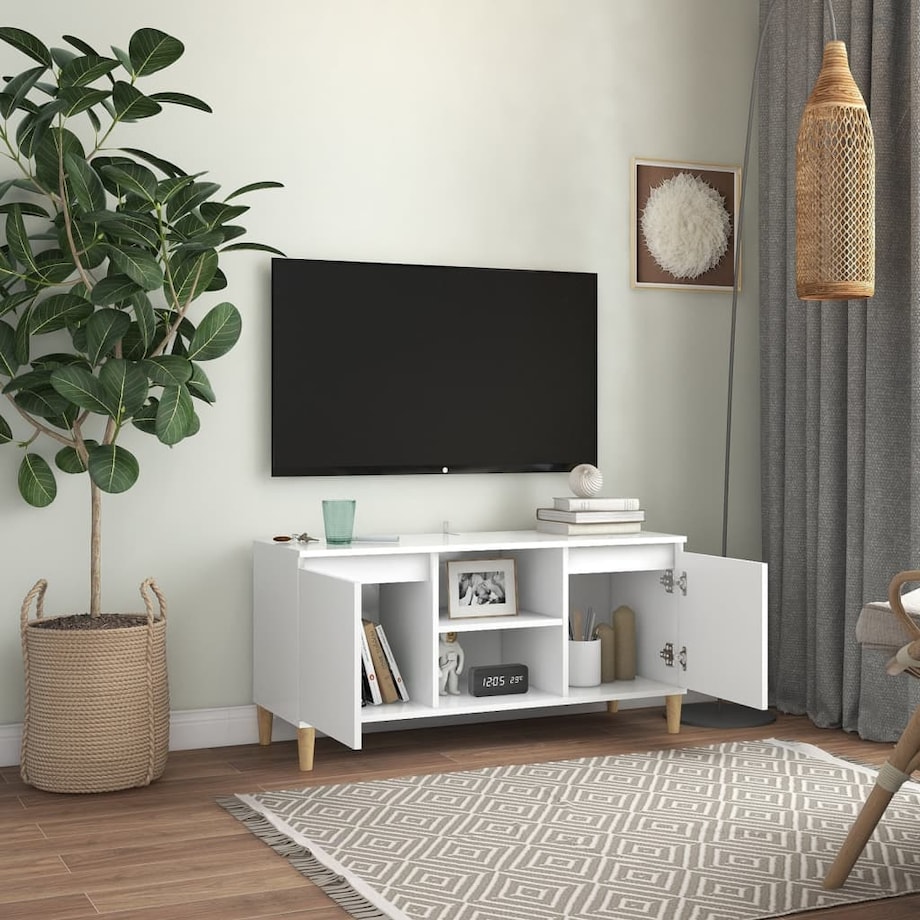 vidaXL Szafka TV z drewnianymi nóżkami, biała, 103,5x35x50 cm