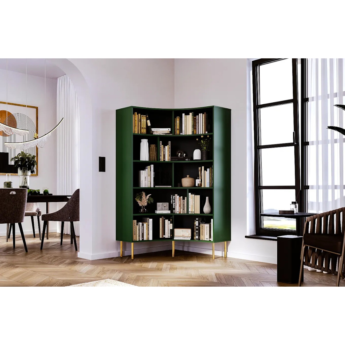 Nowoczesny narożny regał na książki Skandica HORN ze złotymi nogami / zielony