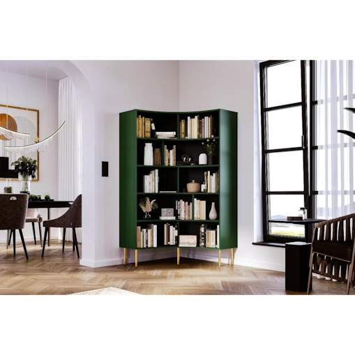 Nowoczesny narożny regał na książki Skandica HORN ze złotymi nogami / zielony
