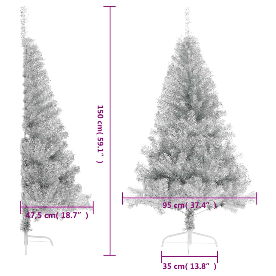 vidaXL Sztuczna choinka połówka ze stojakiem, srebrna, 150 cm, PET