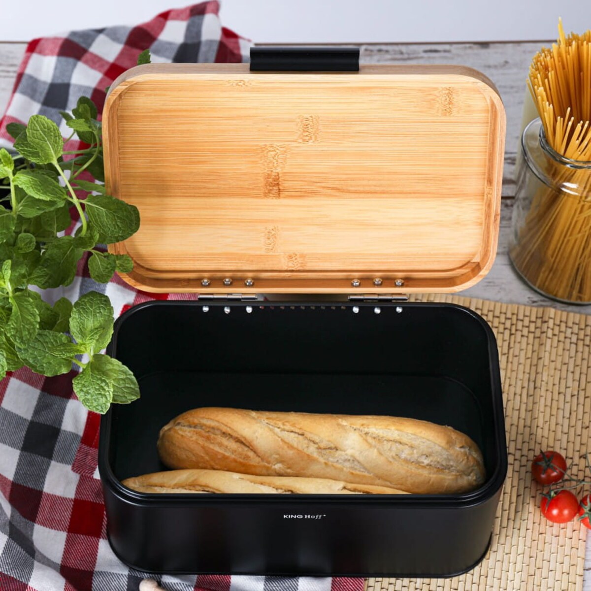 Chlebak stalowy z pokrywą bambusową pojemnik czarny KINGHOFF