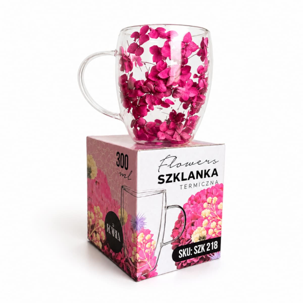 Szklanka termiczna z kwiatami w środku 300ml 1szt, pełna hortensji, burgund bordo SZK218