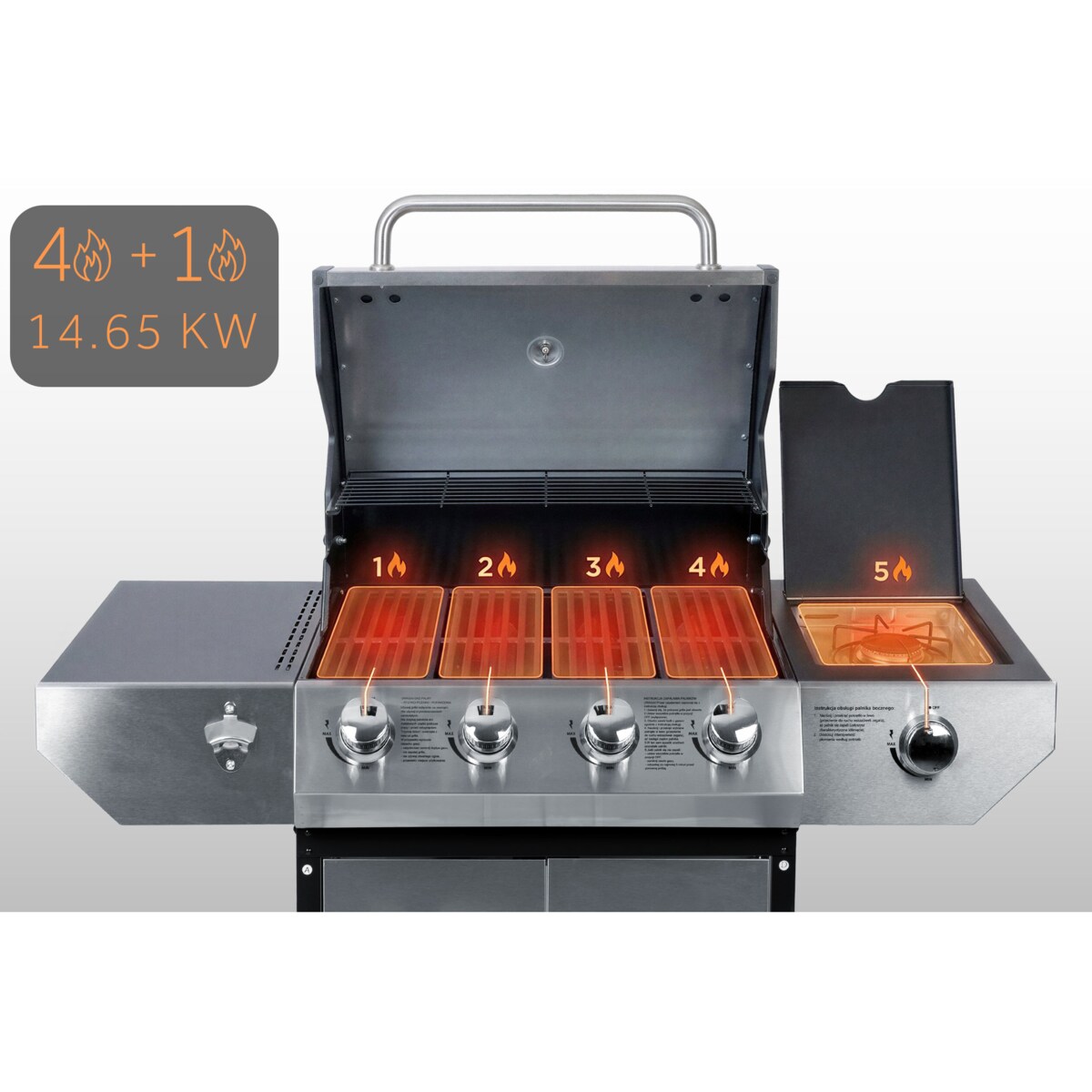 Grill gazowy ogrodowy Berdsen BD-896 żeliwny ruszt z pokrywą mocny 4+1 palniki termometr