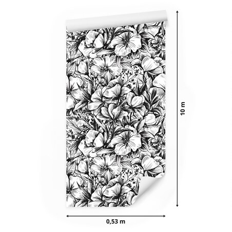 Tapeta Czarno-Białe Kwiaty i Liście