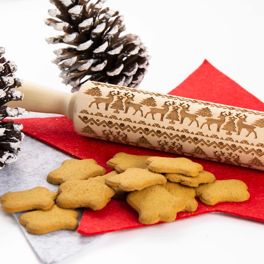 Wałek Do Ciasta Grawerowany Drewniany Świąteczny Dekoracyjny Renifery
