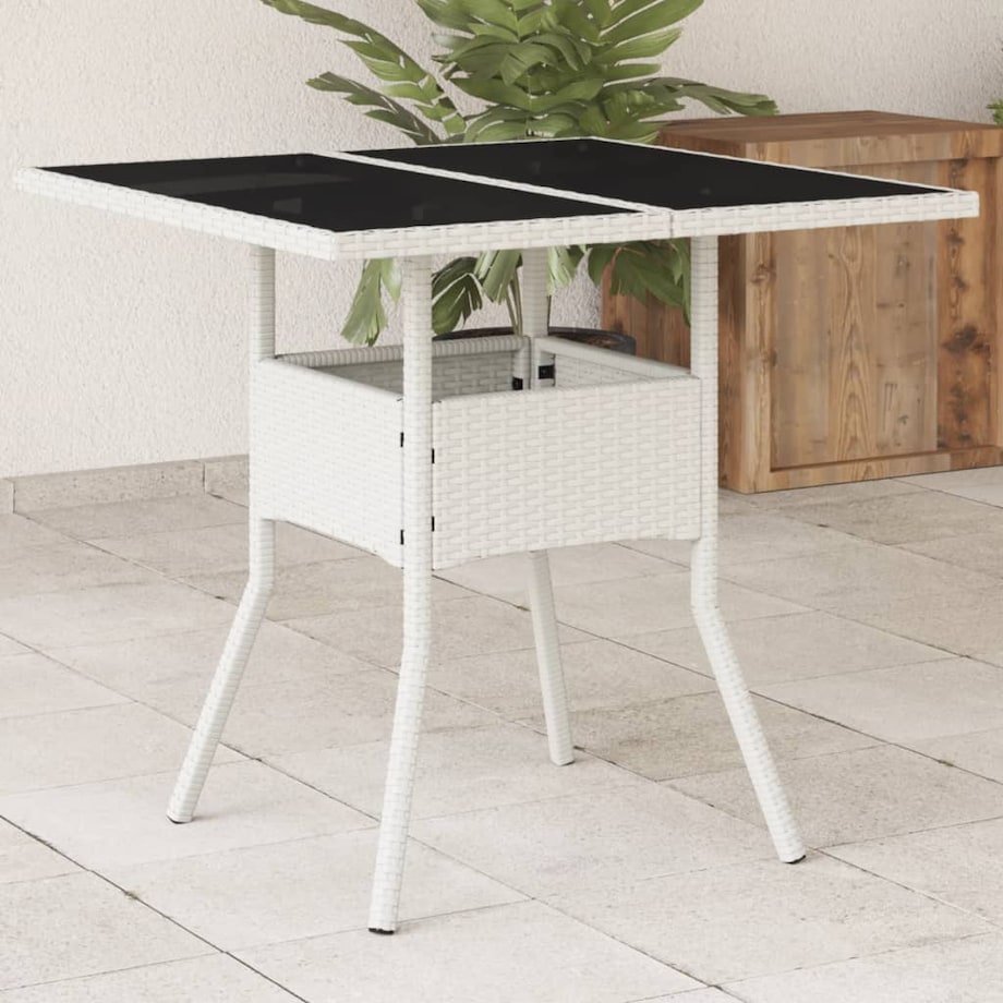 vidaXL Stół ogrodowy ze szklanym blatem, biały 80x80x75 cm, polirattan