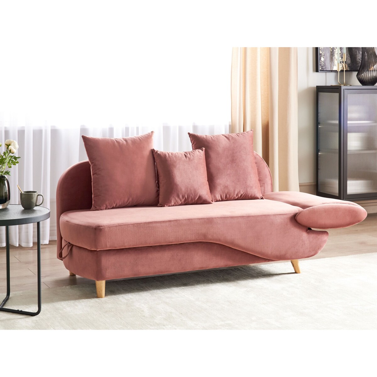 Szezlong welurowy z pojemnikiem prawostronny różowy MERI II