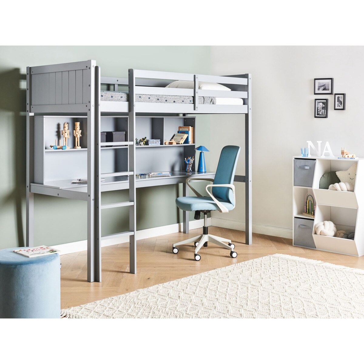 Łóżko na antresoli z biurkiem Drewno sosnowe FOUCAMONT 90 x 200 cm Szary