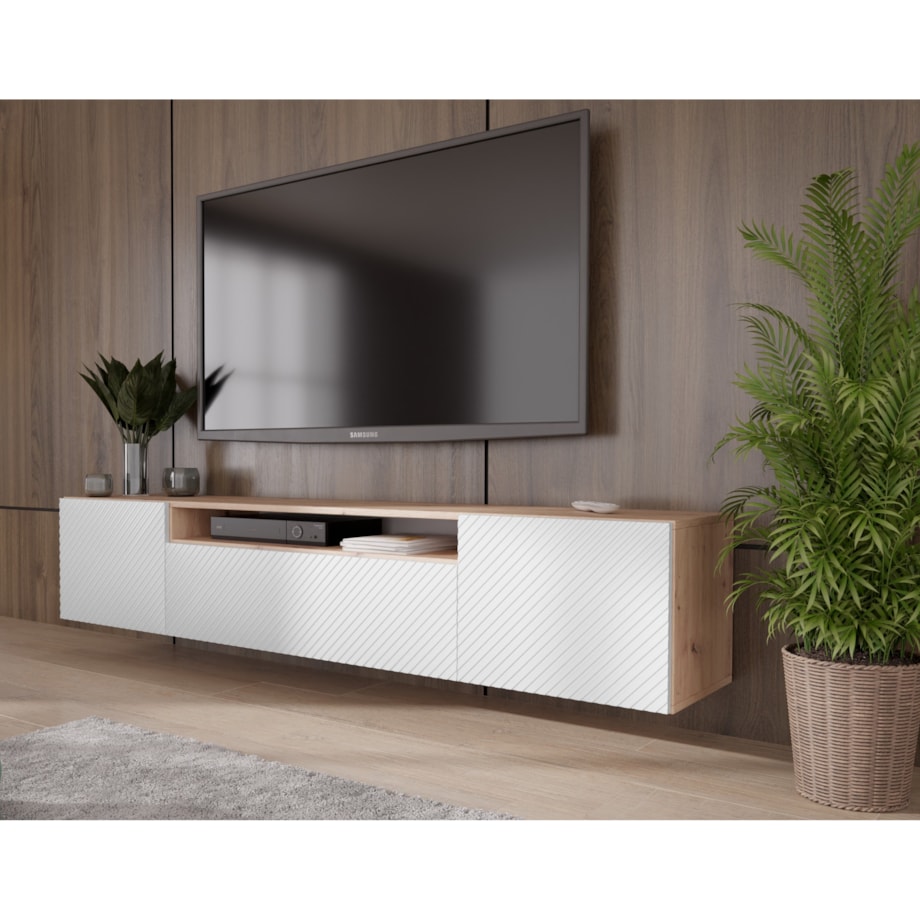 Szafka RTV NIKOL wisząca pod telewizor, frezowane fronty- biała+artisan