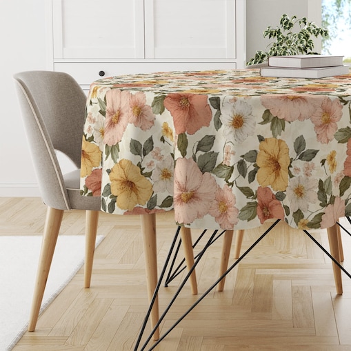 Obrus okrągły FLORAL wzór F45 | kwiaty w sepii - średnica 150 cm