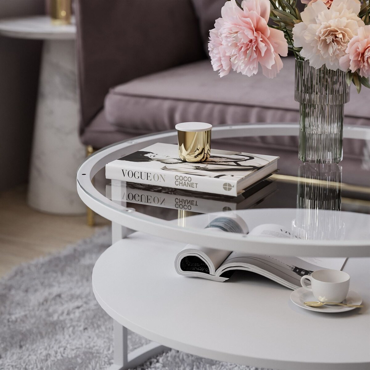 Stolik kawowy CIRI z półką biały przeźroczyste szkło