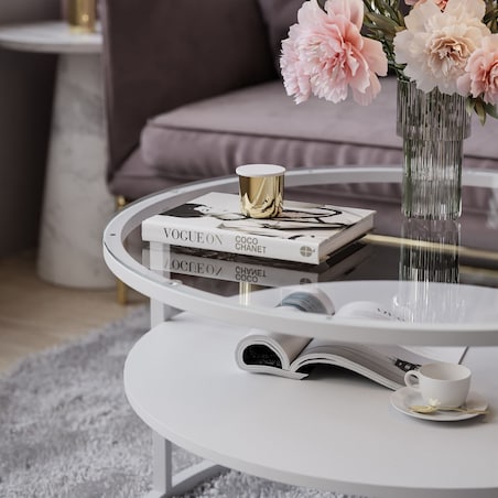 Stolik kawowy CIRI z półką biały przeźroczyste szkło