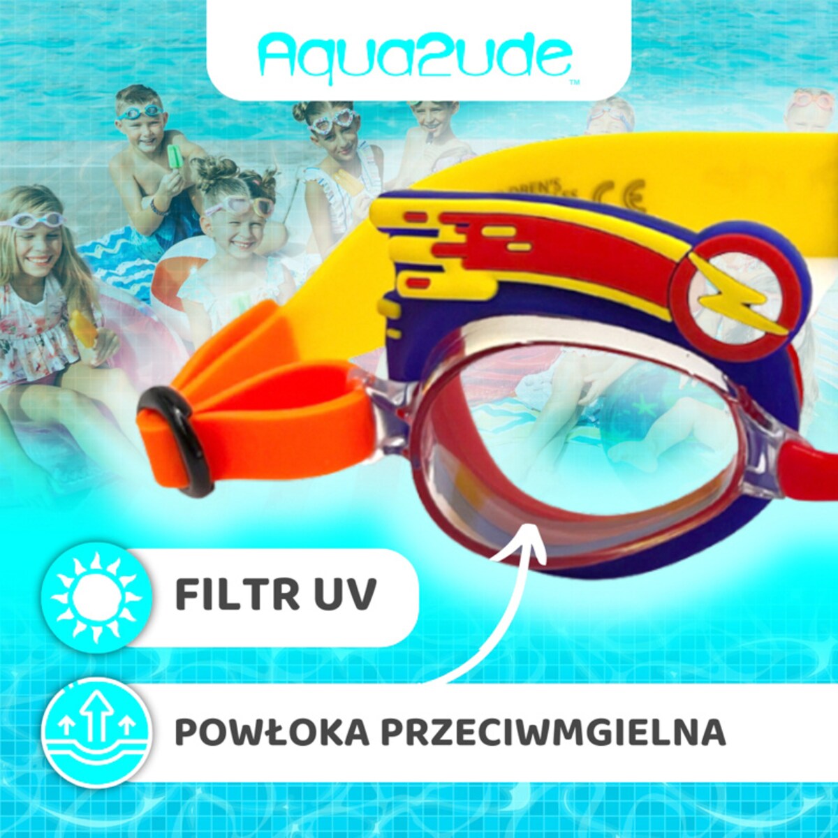 Okulary do pływania dla dzieci na basen Błyskawica 3+ Aqua2ude