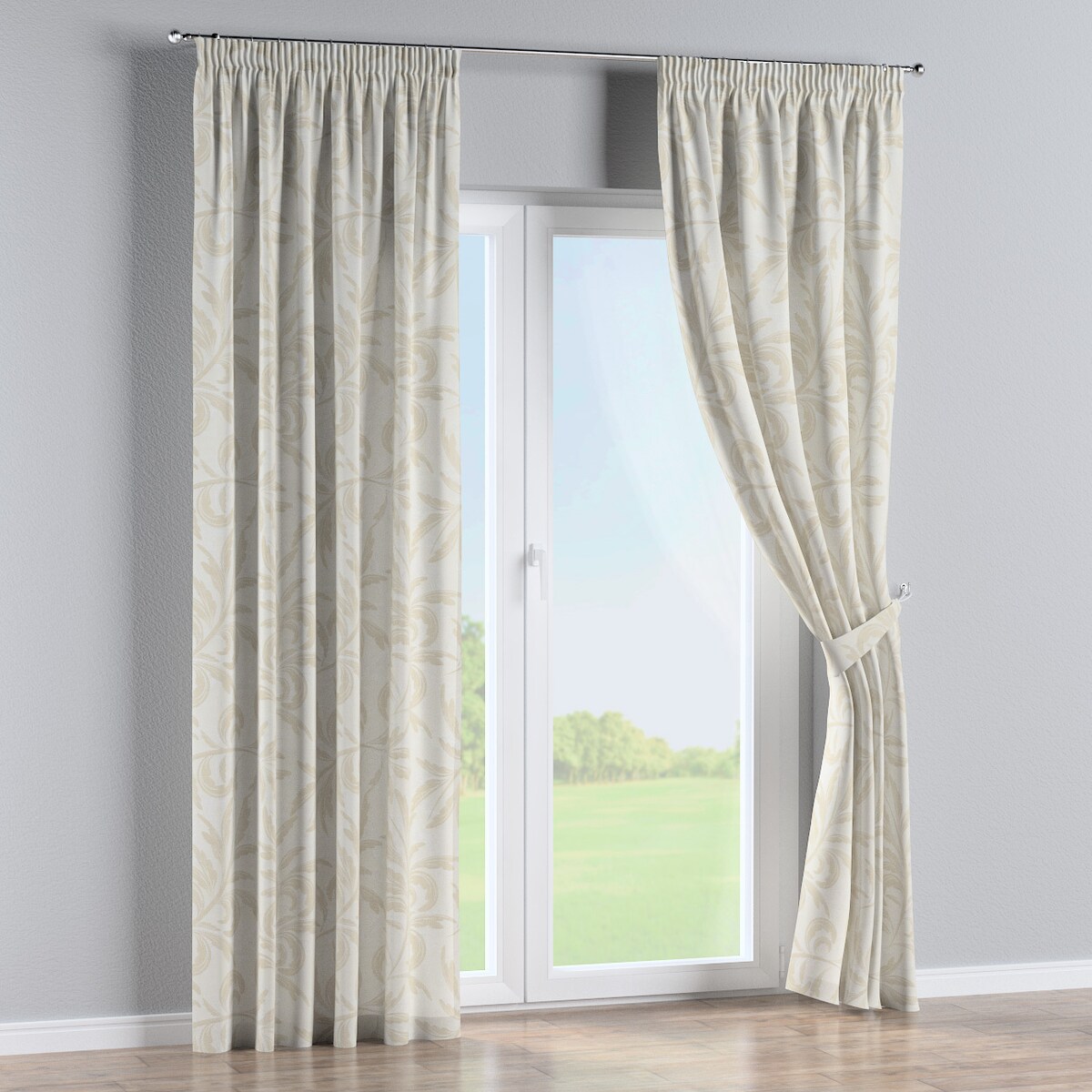 Zasłona na taśmie marszczącej 1 szt. 130x260 szaro-beżowe liście akantu