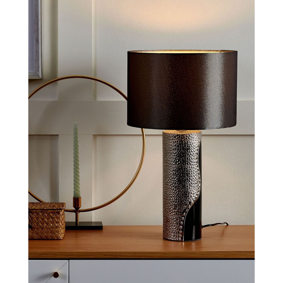 Lampka nocna porcelanowa czarno-srebrna AIKEN