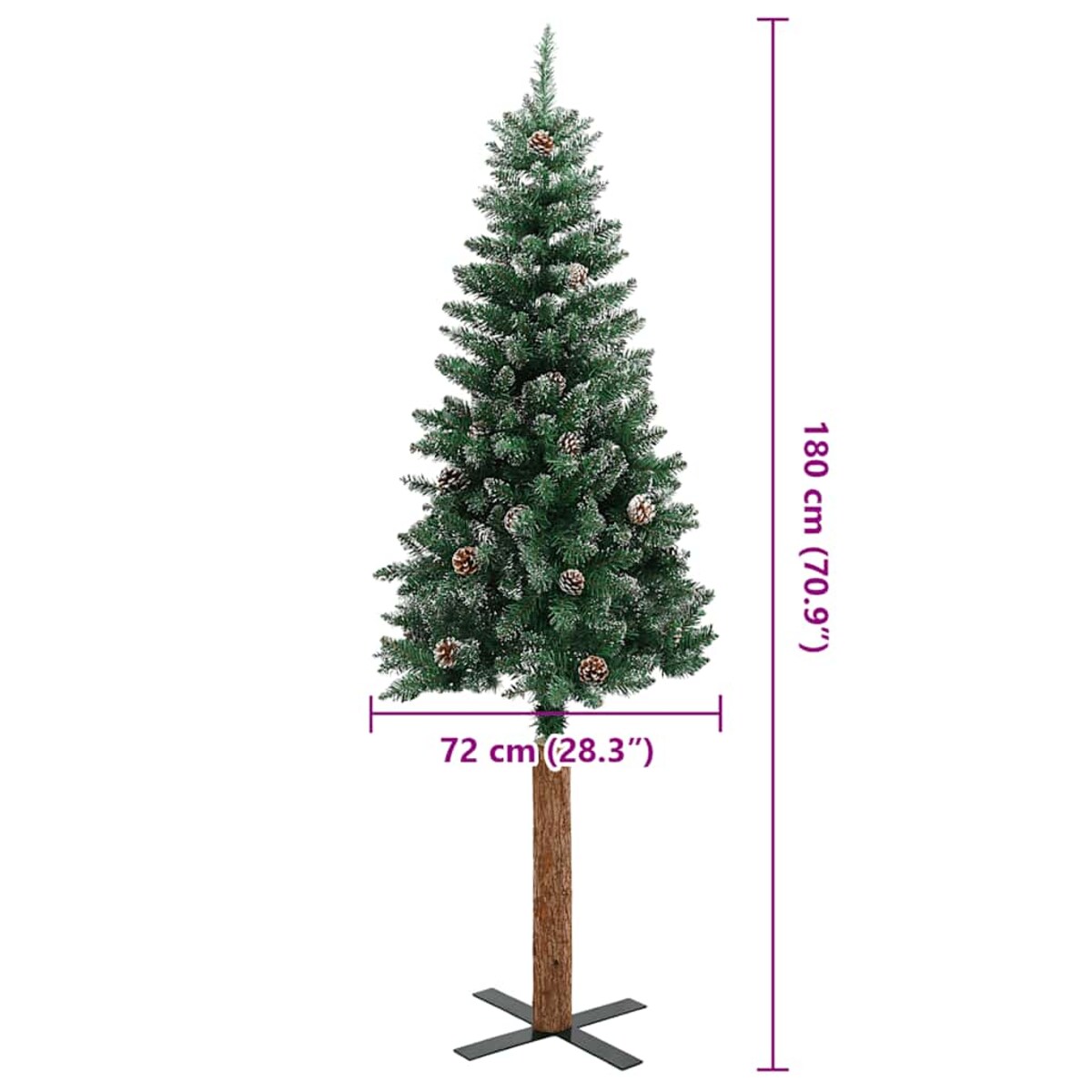 vidaXL Smukła choinka z drewnem i śniegiem, zielona, 180 cm