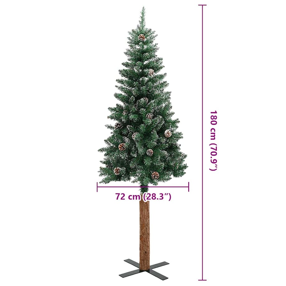 vidaXL Smukła choinka z drewnem i śniegiem, zielona, 180 cm