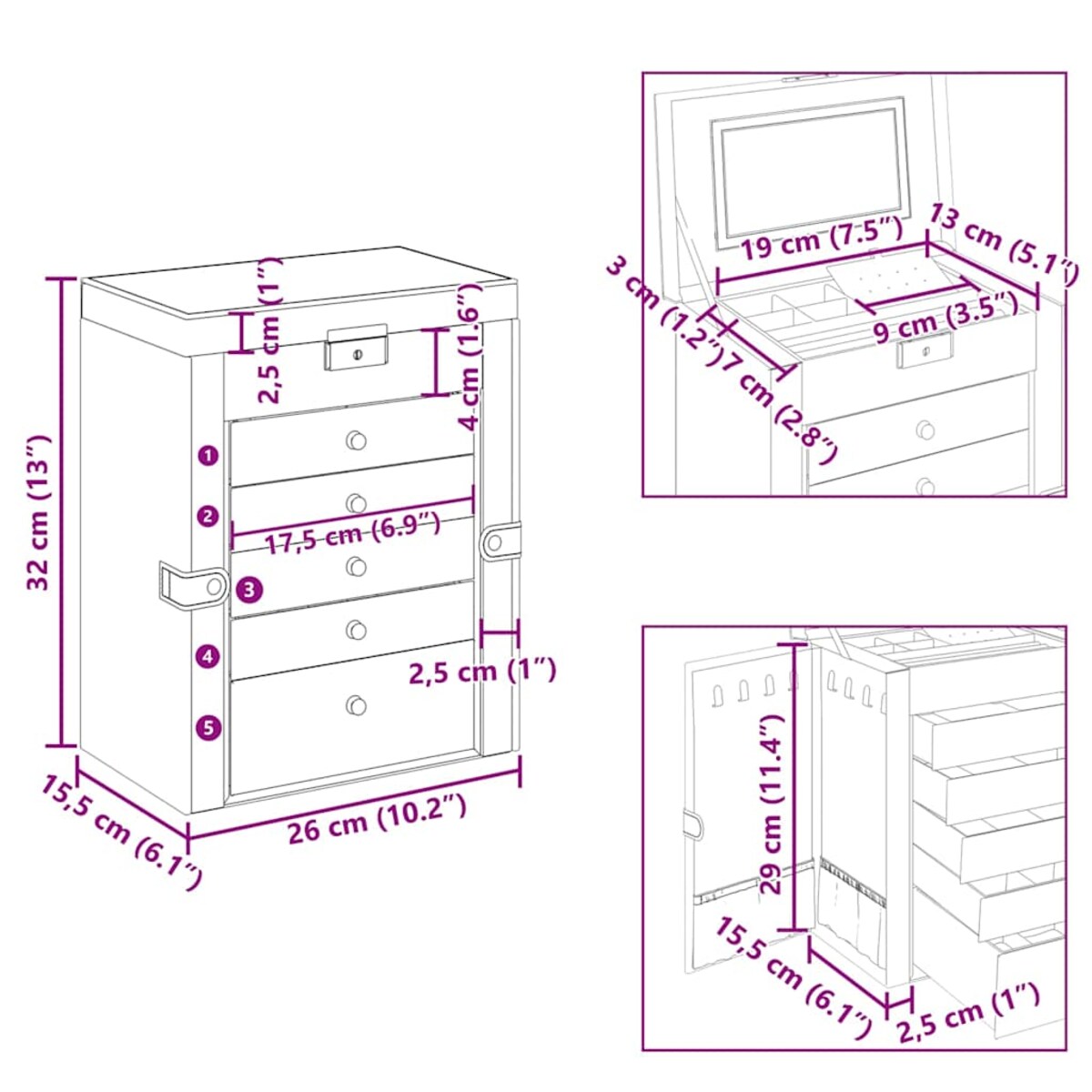 vidaXL Pudełko na biżuterię 6-warstwowe z lustrem zamykane na klucz