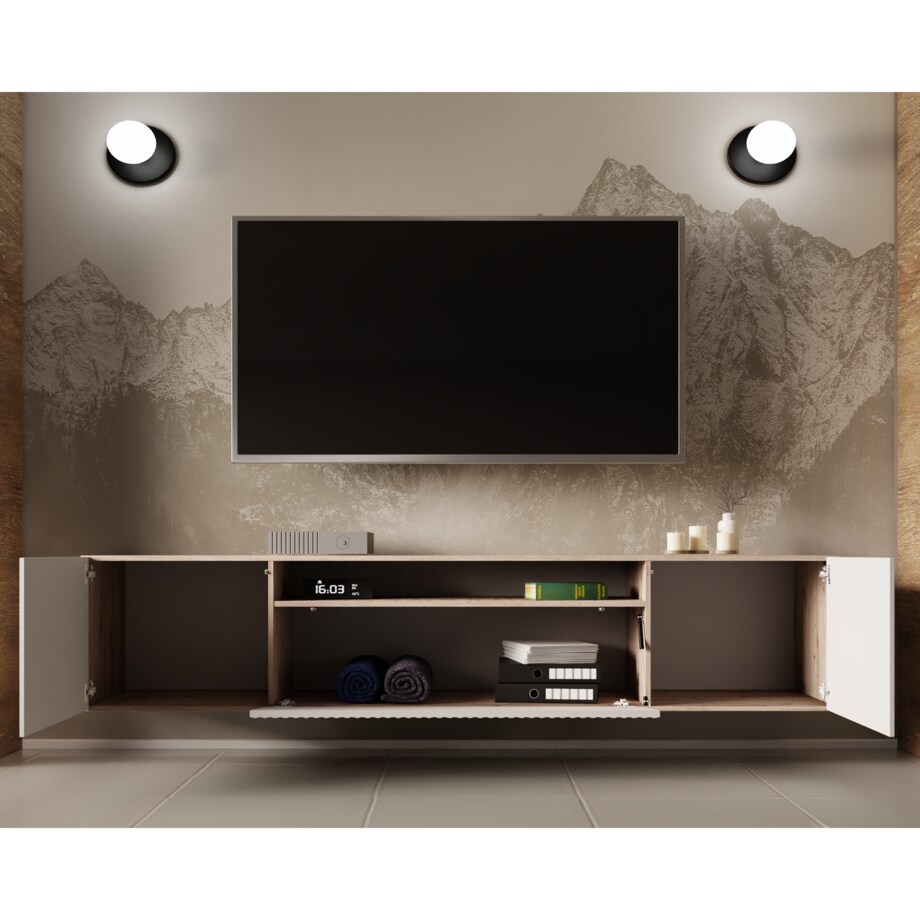 Szafka RTV NOELI, wisząca z ryflowanymi frontami do salonu- biała-artisan