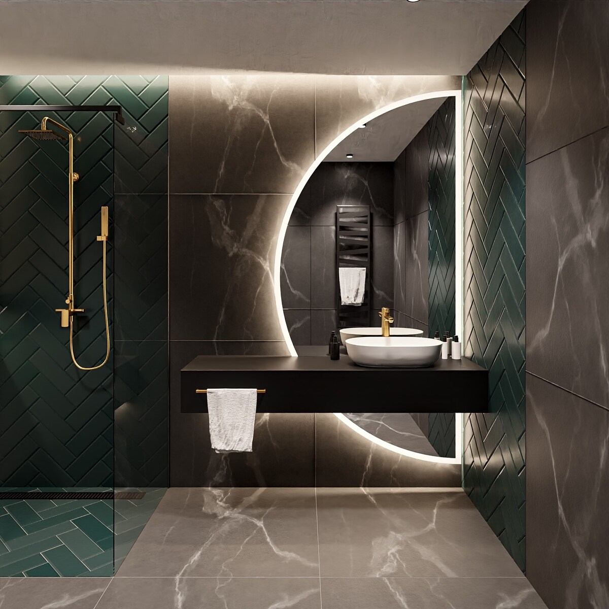 Lustro łazienkowe półokrągłe w dwóch częściach z podświetleniem - DOPPIO LED II